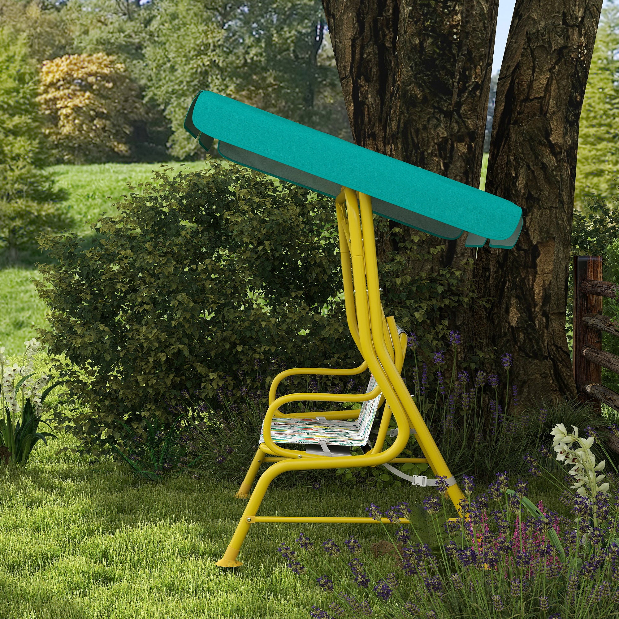 Kids' Patio Swing, 2-Seater Children's Swing with Adjustable Canopy, Safety Belts — Garden/Patio Swing Bench for Ages 3–6, Up to 132 lb, Green
