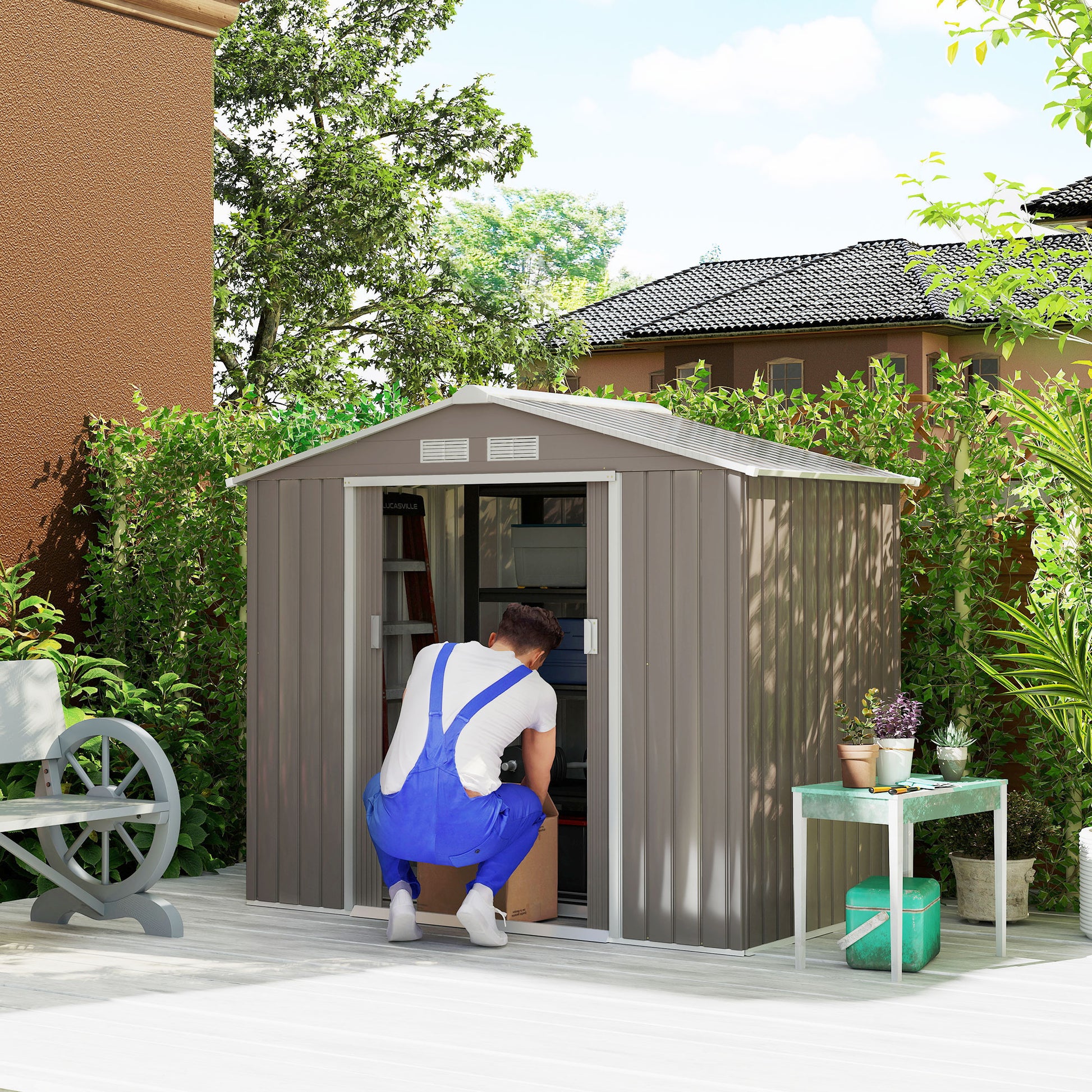 Garden Shed 2.42 m², Garden House with Gable Roof, Sliding Door, Foundation, 213 x 130 x 185 cm, Outdoor Storage Shed Made of Galvanized Steel, Weatherproof, for Garden, Grey