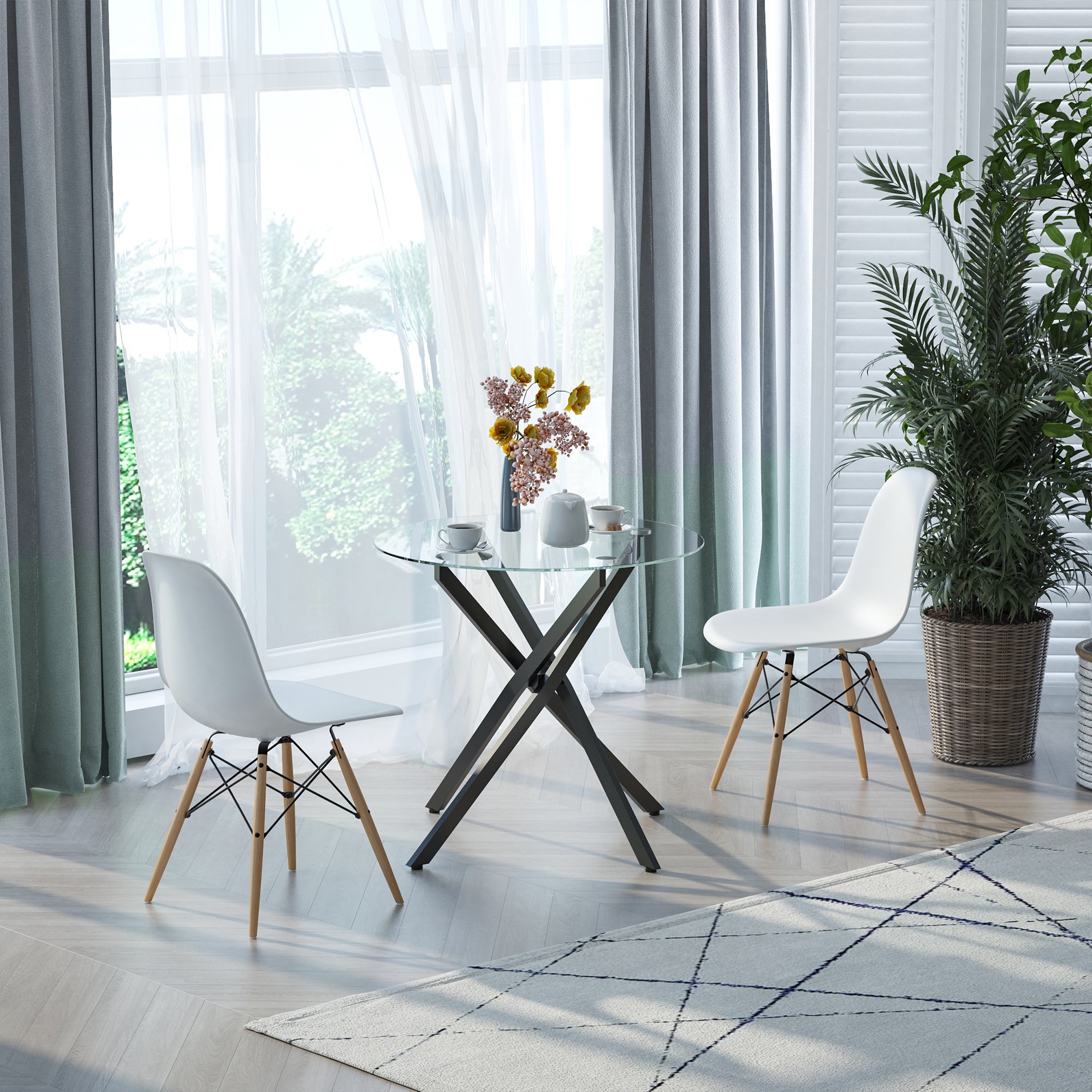 Dining Table, Round Kitchen Table for 4 People, Round Dining Table with Crossed Legs, Tempered Glass Tabletop, for Dining Room, Kitchen, Ø80 x 75 cm, Modern Design, Black+Transparent