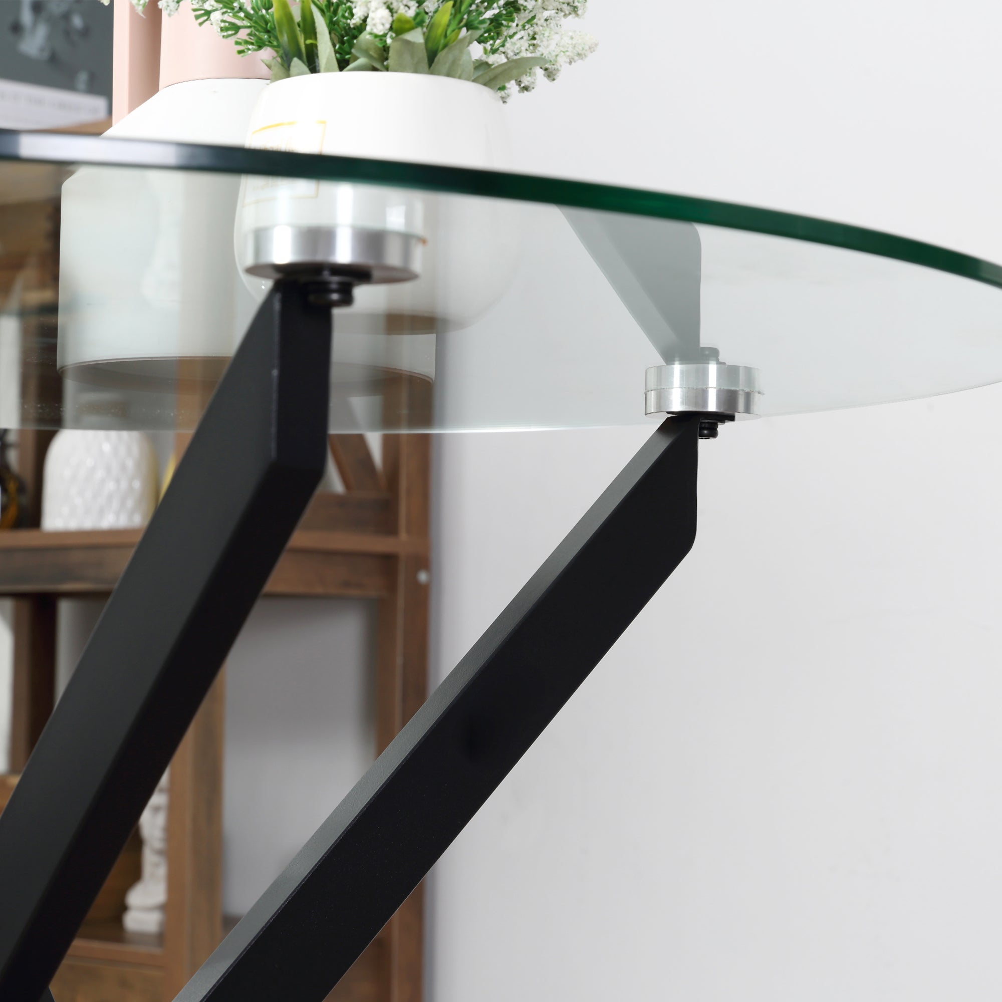 Dining Table, Round Kitchen Table for 4 People, Round Dining Table with Crossed Legs, Tempered Glass Tabletop, for Dining Room, Kitchen, Ø80 x 75 cm, Modern Design, Black+Transparent