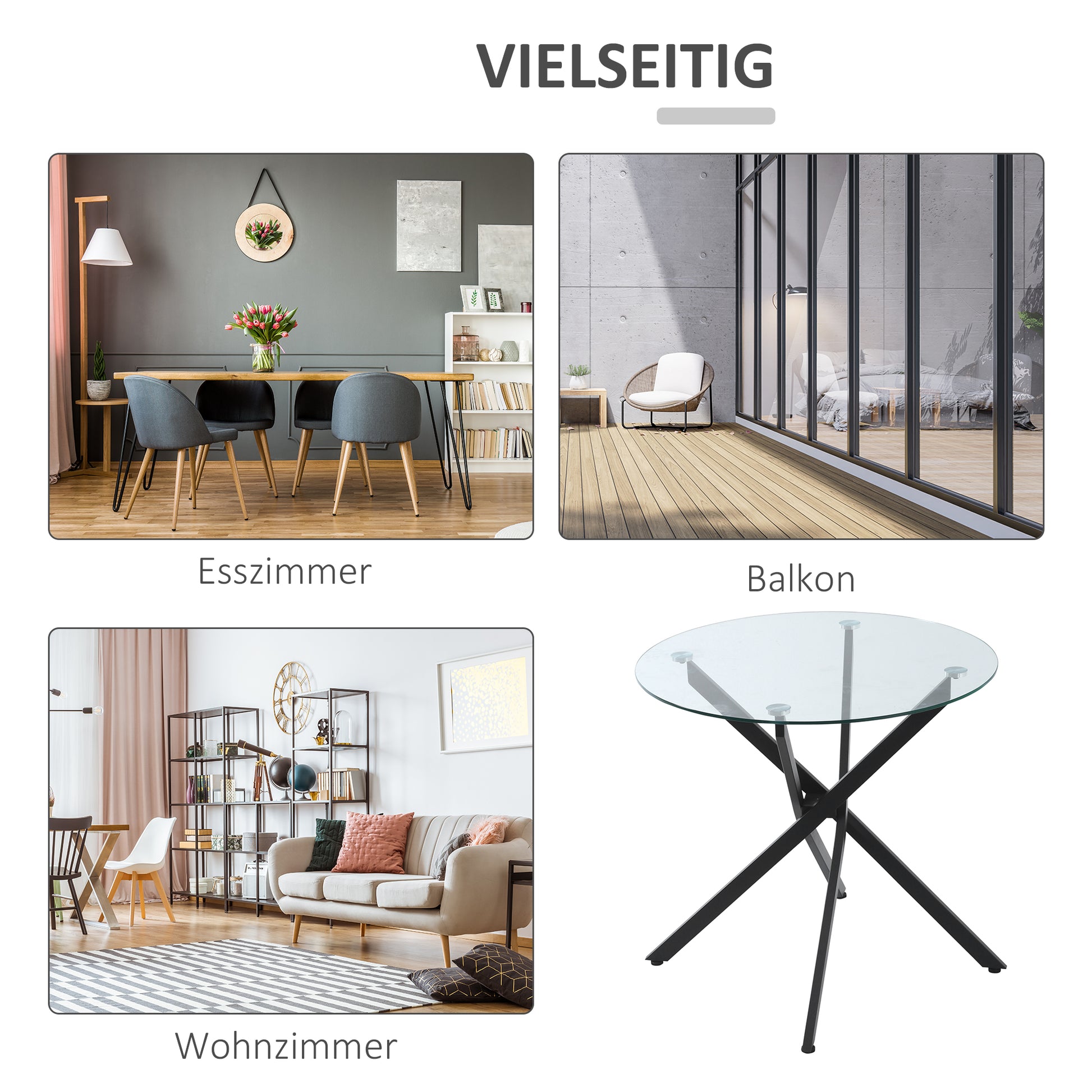 Dining Table, Round Kitchen Table for 4 People, Round Dining Table with Crossed Legs, Tempered Glass Tabletop, for Dining Room, Kitchen, Ø80 x 75 cm, Modern Design, Black+Transparent