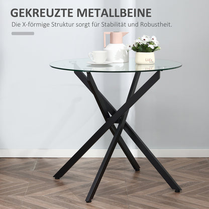 Dining Table, Round Kitchen Table for 4 People, Round Dining Table with Crossed Legs, Tempered Glass Tabletop, for Dining Room, Kitchen, Ø80 x 75 cm, Modern Design, Black+Transparent