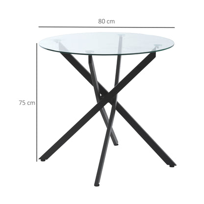 Dining Table, Round Kitchen Table for 4 People, Round Dining Table with Crossed Legs, Tempered Glass Tabletop, for Dining Room, Kitchen, Ø80 x 75 cm, Modern Design, Black+Transparent