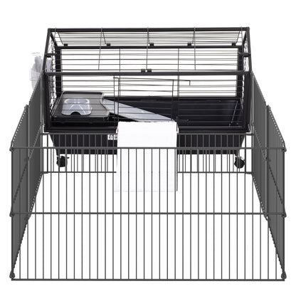 Small Animal Cage Small Animal Hutch with Foldable Playpen Area, Rodent Cage with Water Bottle, Water Bowl, and Ramps, for Small Animals Metal Black 88 x 128.5 x 56 cm