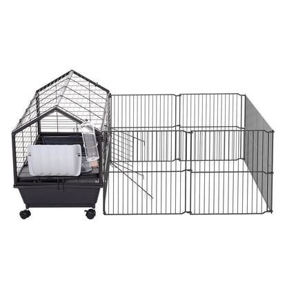 Small Animal Cage Small Animal Hutch with Foldable Playpen Area, Rodent Cage with Water Bottle, Water Bowl, and Ramps, for Small Animals Metal Black 88 x 128.5 x 56 cm