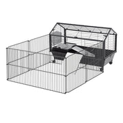Small Animal Cage Small Animal Hutch with Foldable Playpen Area, Rodent Cage with Water Bottle, Water Bowl, and Ramps, for Small Animals Metal Black 88 x 128.5 x 56 cm