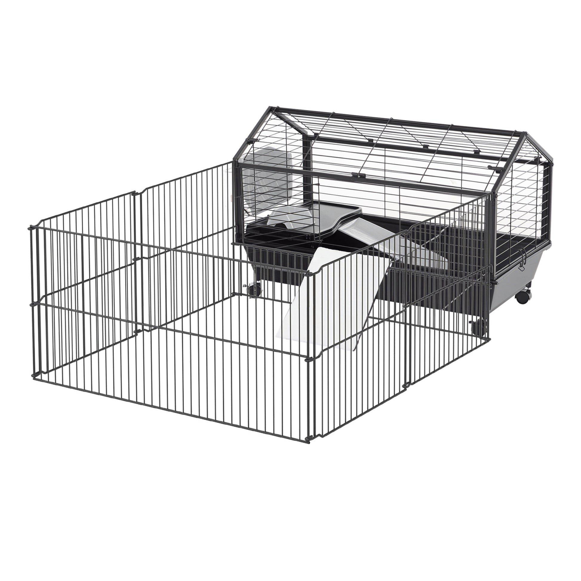 Small Animal Cage Small Animal Hutch with Foldable Playpen Area, Rodent Cage with Water Bottle, Water Bowl, and Ramps, for Small Animals Metal Black 88 x 128.5 x 56 cm