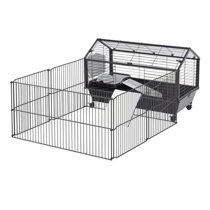 Small Animal Cage Small Animal Hutch with Foldable Playpen Area, Rodent Cage with Water Bottle, Water Bowl, and Ramps, for Small Animals Metal Black 88 x 128.5 x 56 cm