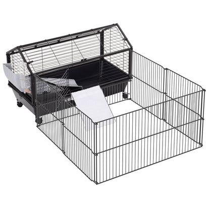 Small Animal Cage Small Animal Hutch with Foldable Playpen Area, Rodent Cage with Water Bottle, Water Bowl, and Ramps, for Small Animals Metal Black 88 x 128.5 x 56 cm