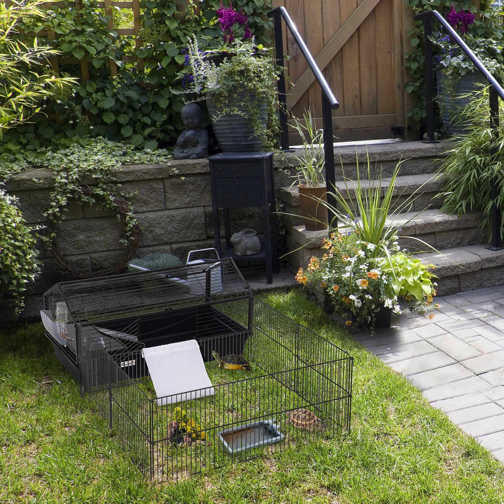Small Animal Cage Small Animal Hutch with Foldable Playpen Area, Rodent Cage with Water Bottle, Water Bowl, and Ramps, for Small Animals Metal Black 88 x 128.5 x 56 cm