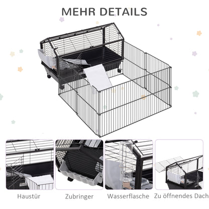 Small Animal Cage Small Animal Hutch with Foldable Playpen Area, Rodent Cage with Water Bottle, Water Bowl, and Ramps, for Small Animals Metal Black 88 x 128.5 x 56 cm