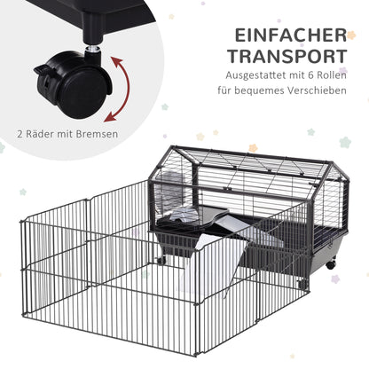 Small Animal Cage Small Animal Hutch with Foldable Playpen Area, Rodent Cage with Water Bottle, Water Bowl, and Ramps, for Small Animals Metal Black 88 x 128.5 x 56 cm