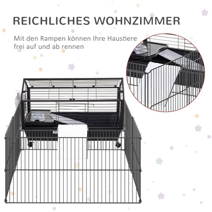 Small Animal Cage Small Animal Hutch with Foldable Playpen Area, Rodent Cage with Water Bottle, Water Bowl, and Ramps, for Small Animals Metal Black 88 x 128.5 x 56 cm