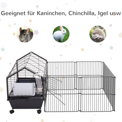 Small Animal Cage Small Animal Hutch with Foldable Playpen Area, Rodent Cage with Water Bottle, Water Bowl, and Ramps, for Small Animals Metal Black 88 x 128.5 x 56 cm