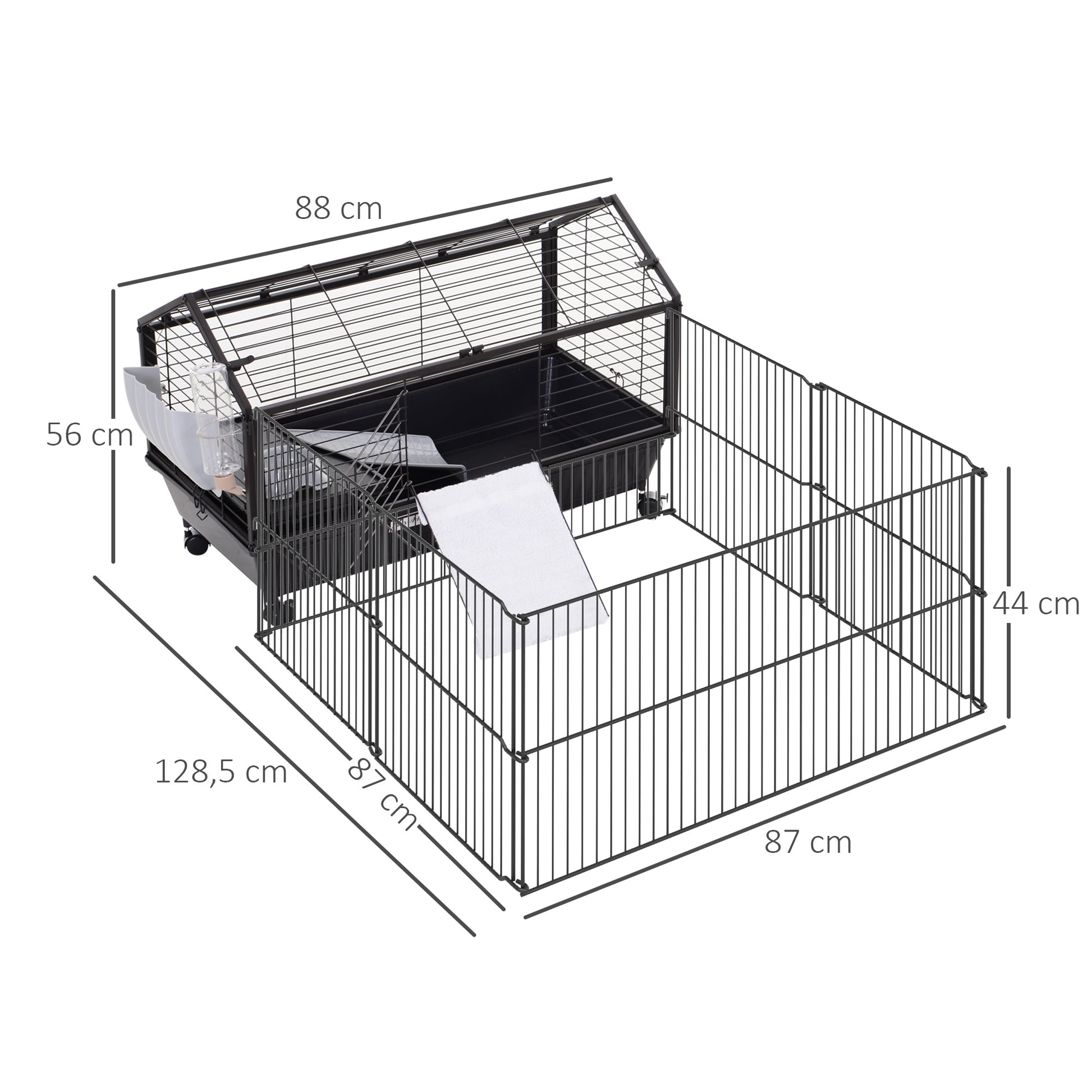 Small Animal Cage Small Animal Hutch with Foldable Playpen Area, Rodent Cage with Water Bottle, Water Bowl, and Ramps, for Small Animals Metal Black 88 x 128.5 x 56 cm
