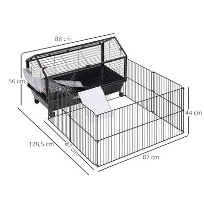 Small Animal Cage Small Animal Hutch with Foldable Playpen Area, Rodent Cage with Water Bottle, Water Bowl, and Ramps, for Small Animals Metal Black 88 x 128.5 x 56 cm