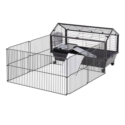 Small Animal Cage Small Animal Hutch with Foldable Playpen Area, Rodent Cage with Water Bottle, Water Bowl, and Ramps, for Small Animals Metal Black 88 x 128.5 x 56 cm