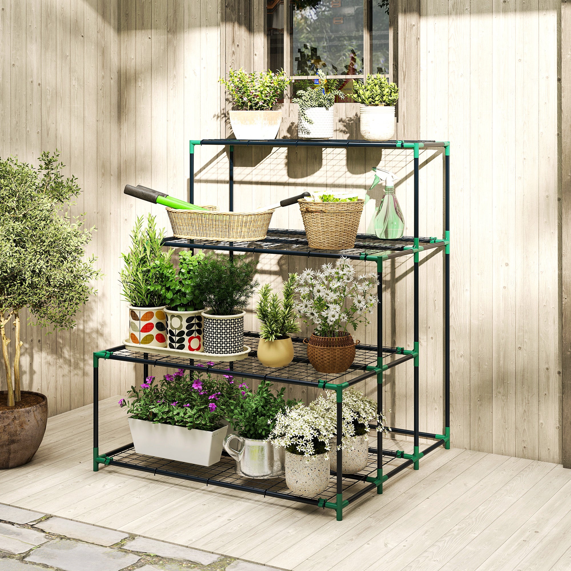 4-Tier Plant Stand, 43.3 in Tall Flower Rack with 24 Clips, Steel Multi-Level Plant Shelf for Garden & Balcony, Dark Green
