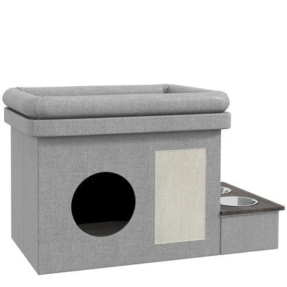 Cat Cave, Cat House, Cat Hut with 2 Stainless Steel Bowls, Cat Bed with Cushion, Scratching Pad, Dog House for Cats and Dogs up to 8 kg, Polyester, 78 x 48 x 49.5 cm, Gray