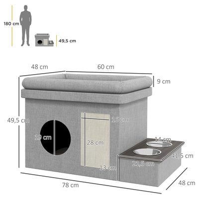 Cat Cave, Cat House, Cat Hut with 2 Stainless Steel Bowls, Cat Bed with Cushion, Scratching Pad, Dog House for Cats and Dogs up to 8 kg, Polyester, 78 x 48 x 49.5 cm, Gray