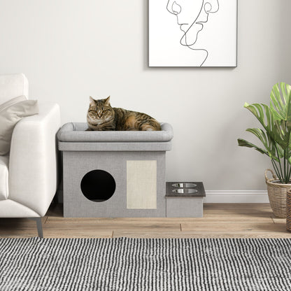 Cat Cave, Cat House, Cat Hut with 2 Stainless Steel Bowls, Cat Bed with Cushion, Scratching Pad, Dog House for Cats and Dogs up to 8 kg, Polyester, 78 x 48 x 49.5 cm, Gray