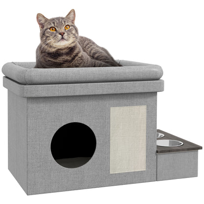 Cat Cave, Cat House, Cat Hut with 2 Stainless Steel Bowls, Cat Bed with Cushion, Scratching Pad, Dog House for Cats and Dogs up to 8 kg, Polyester, 78 x 48 x 49.5 cm, Gray