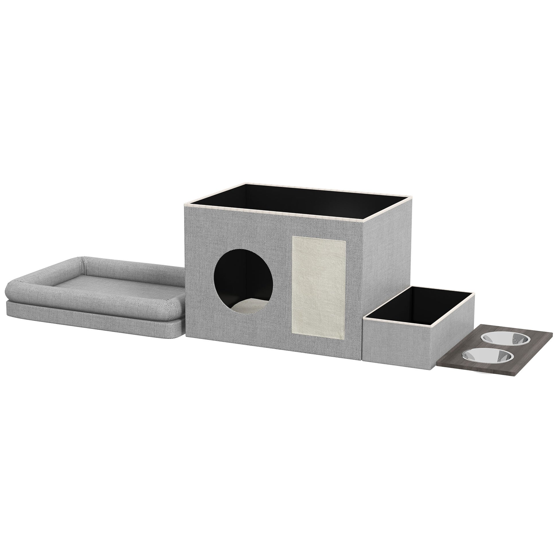 Cat Cave, Cat House, Cat Hut with 2 Stainless Steel Bowls, Cat Bed with Cushion, Scratching Pad, Dog House for Cats and Dogs up to 8 kg, Polyester, 78 x 48 x 49.5 cm, Gray