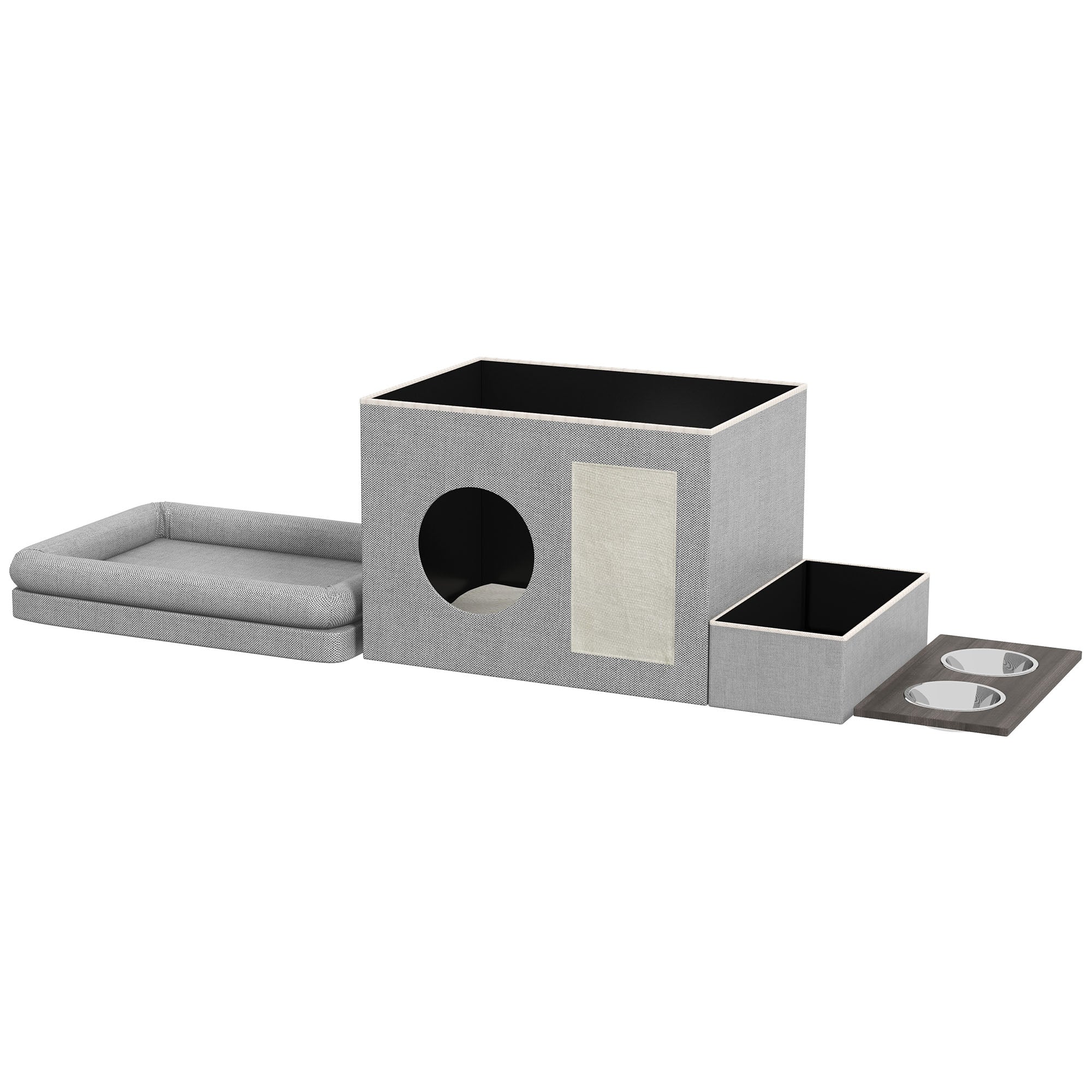 Cat Cave, Cat House, Cat Hut with 2 Stainless Steel Bowls, Cat Bed with Cushion, Scratching Pad, Dog House for Cats and Dogs up to 8 kg, Polyester, 78 x 48 x 49.5 cm, Gray