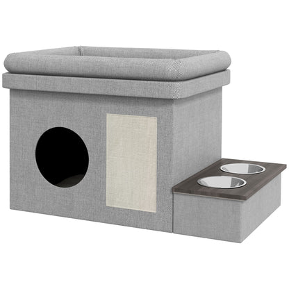 Cat Cave, Cat House, Cat Hut with 2 Stainless Steel Bowls, Cat Bed with Cushion, Scratching Pad, Dog House for Cats and Dogs up to 8 kg, Polyester, 78 x 48 x 49.5 cm, Gray