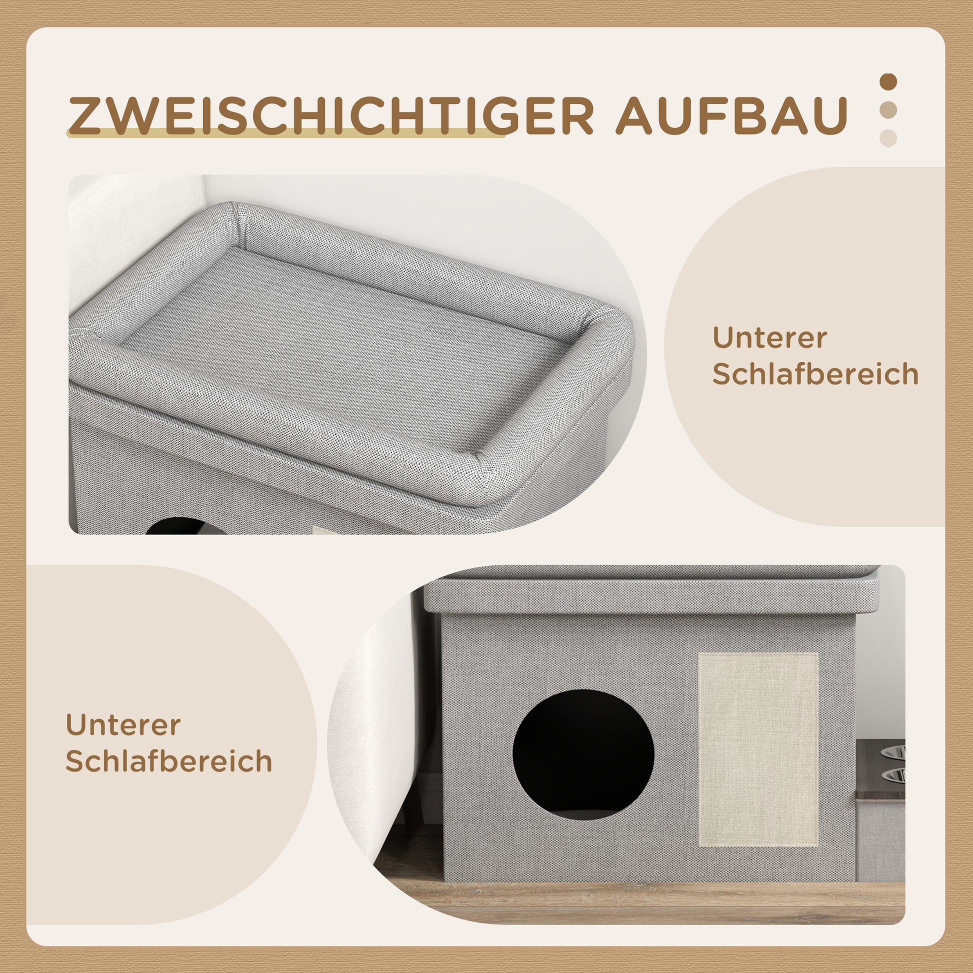Cat Cave, Cat House, Cat Hut with 2 Stainless Steel Bowls, Cat Bed with Cushion, Scratching Pad, Dog House for Cats and Dogs up to 8 kg, Polyester, 78 x 48 x 49.5 cm, Gray