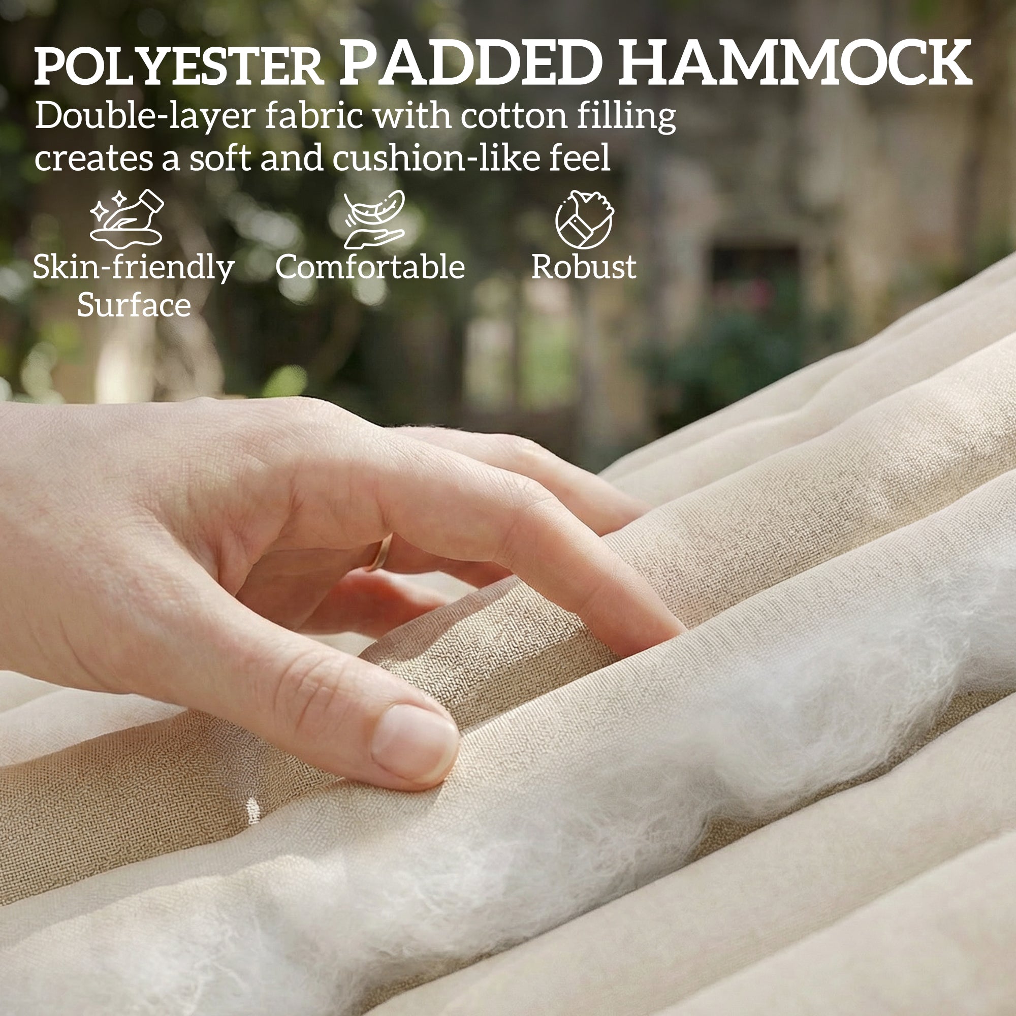Outdoor Hammock 200 x 140 cm (79" x 55") – Quilted Two-Layer Double Hammock with Headrest, Magazine Pocket & Beech Wood Spreaders, Cream White