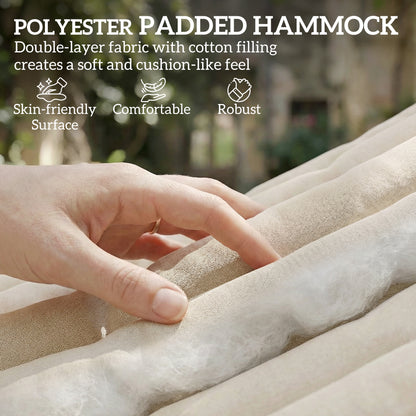 Outdoor Hammock 200 x 140 cm (79" x 55") – Quilted Two-Layer Double Hammock with Headrest, Magazine Pocket & Beech Wood Spreaders, Cream White