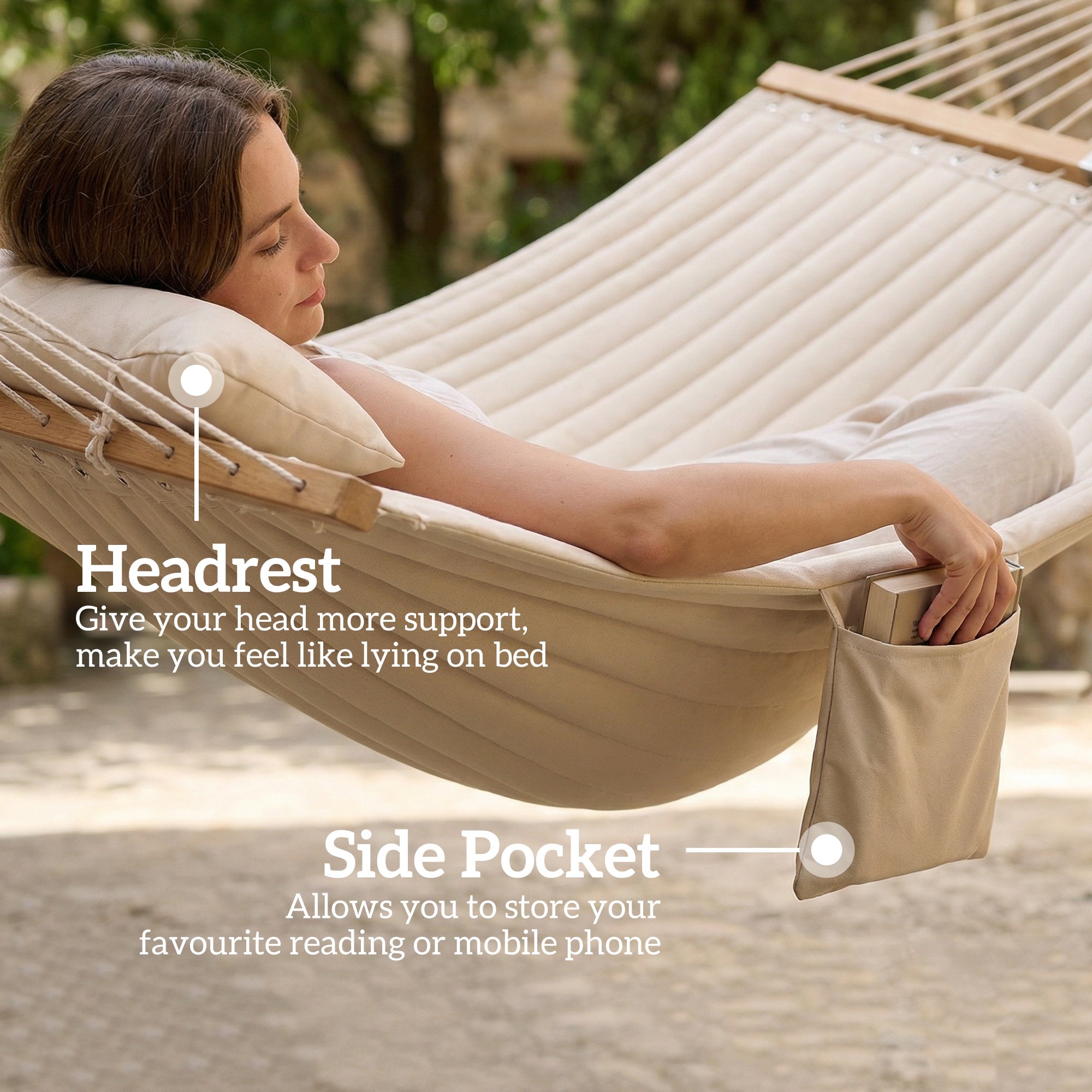 Outdoor Hammock 200 x 140 cm (79" x 55") – Quilted Two-Layer Double Hammock with Headrest, Magazine Pocket & Beech Wood Spreaders, Cream White