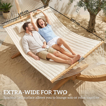 Outdoor Hammock 200 x 140 cm (79" x 55") – Quilted Two-Layer Double Hammock with Headrest, Magazine Pocket & Beech Wood Spreaders, Cream White
