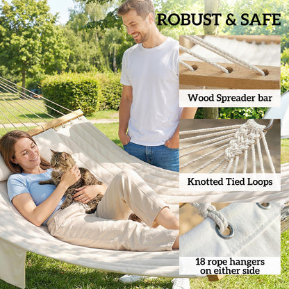 Outdoor Hammock 200 x 140 cm (79" x 55") – Quilted Two-Layer Double Hammock with Headrest, Magazine Pocket & Beech Wood Spreaders, Cream White