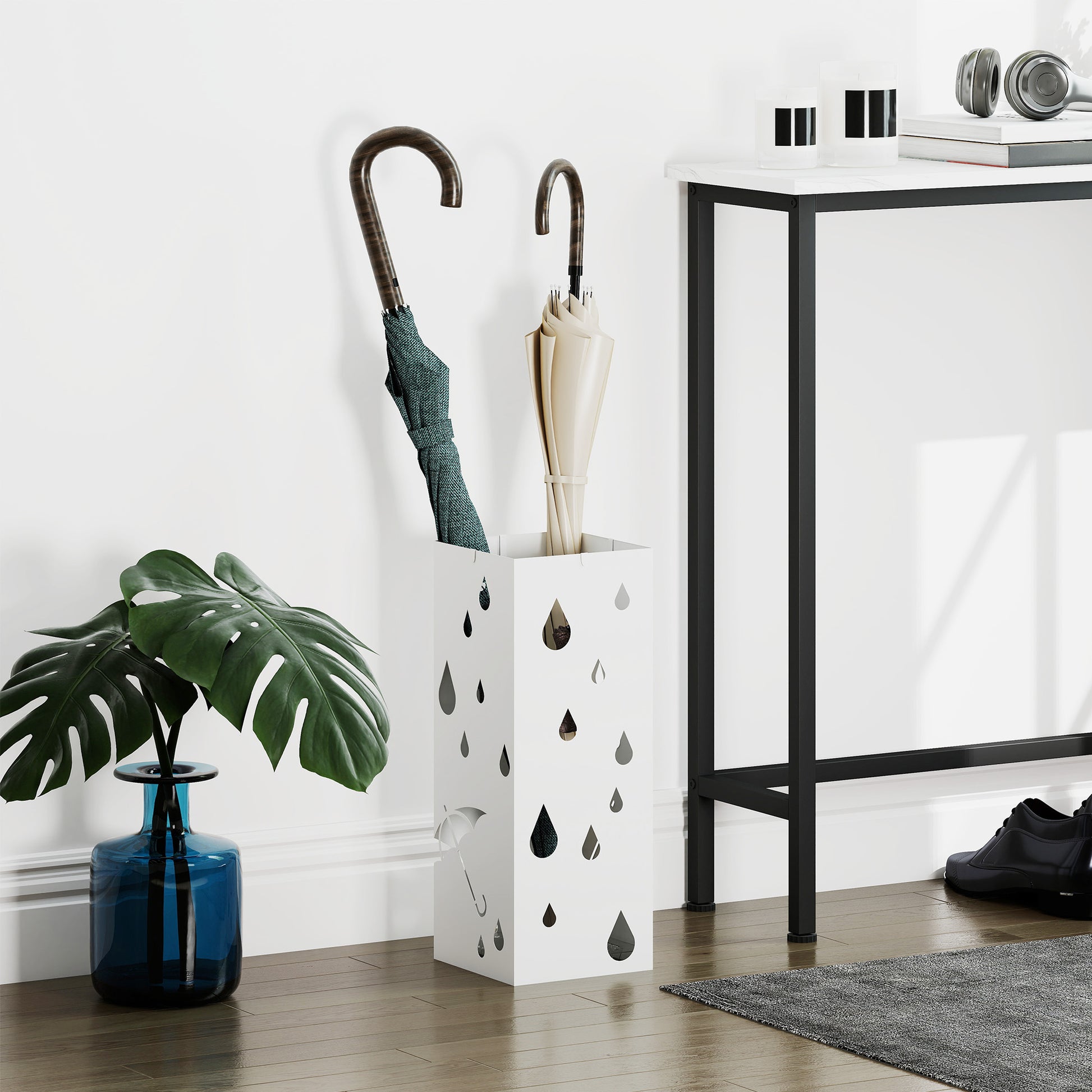 Umbrella Stand with 4 Hooks, Water Collection Tray Umbrella Holder for Hallway, Umbrellas & Walking Sticks Steel 15.5 x 15.5 x 40 cm White