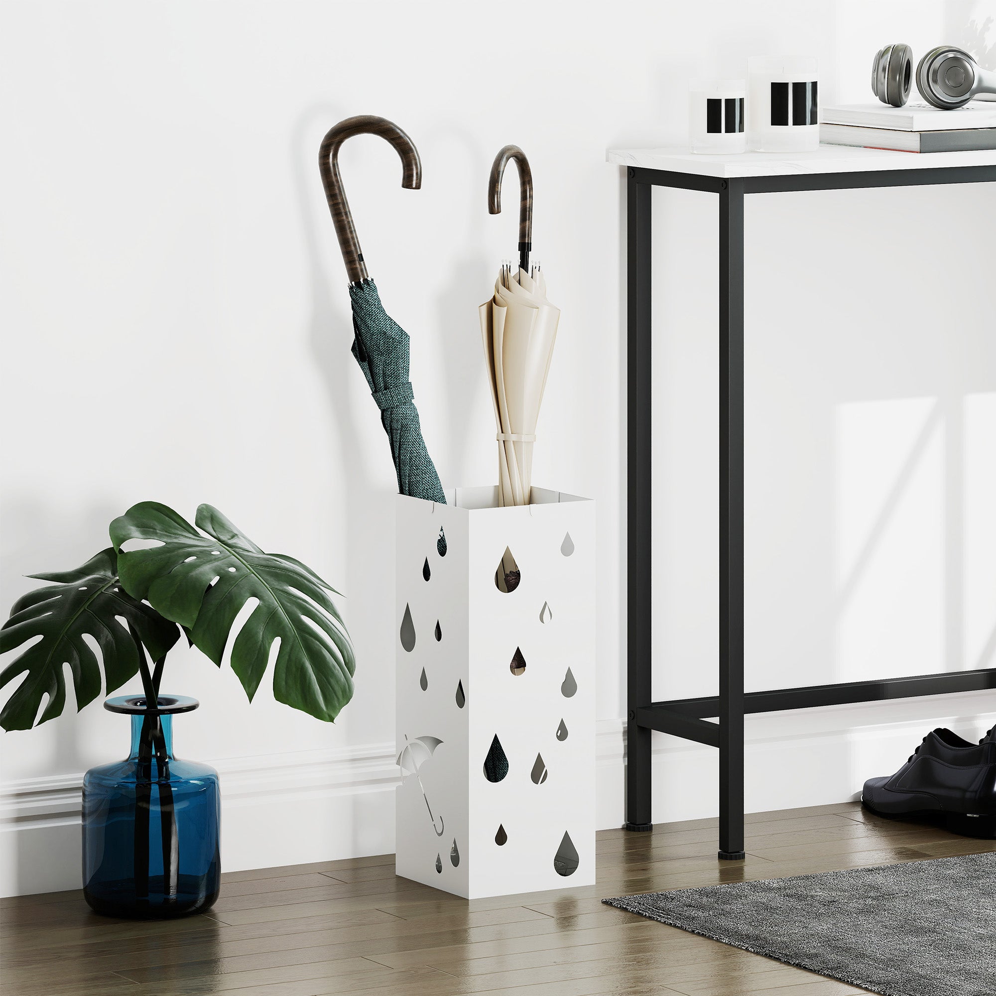 Umbrella Stand with 4 Hooks, Water Collection Tray Umbrella Holder for Hallway, Umbrellas & Walking Sticks Steel 15.5 x 15.5 x 40 cm White