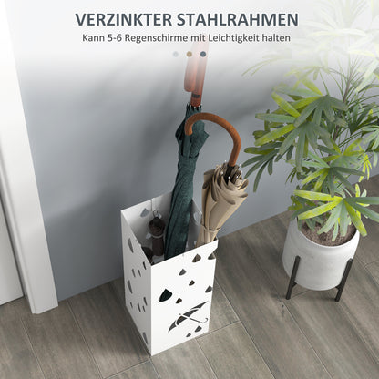 Umbrella Stand with 4 Hooks, Water Collection Tray Umbrella Holder for Hallway, Umbrellas & Walking Sticks Steel 15.5 x 15.5 x 40 cm White