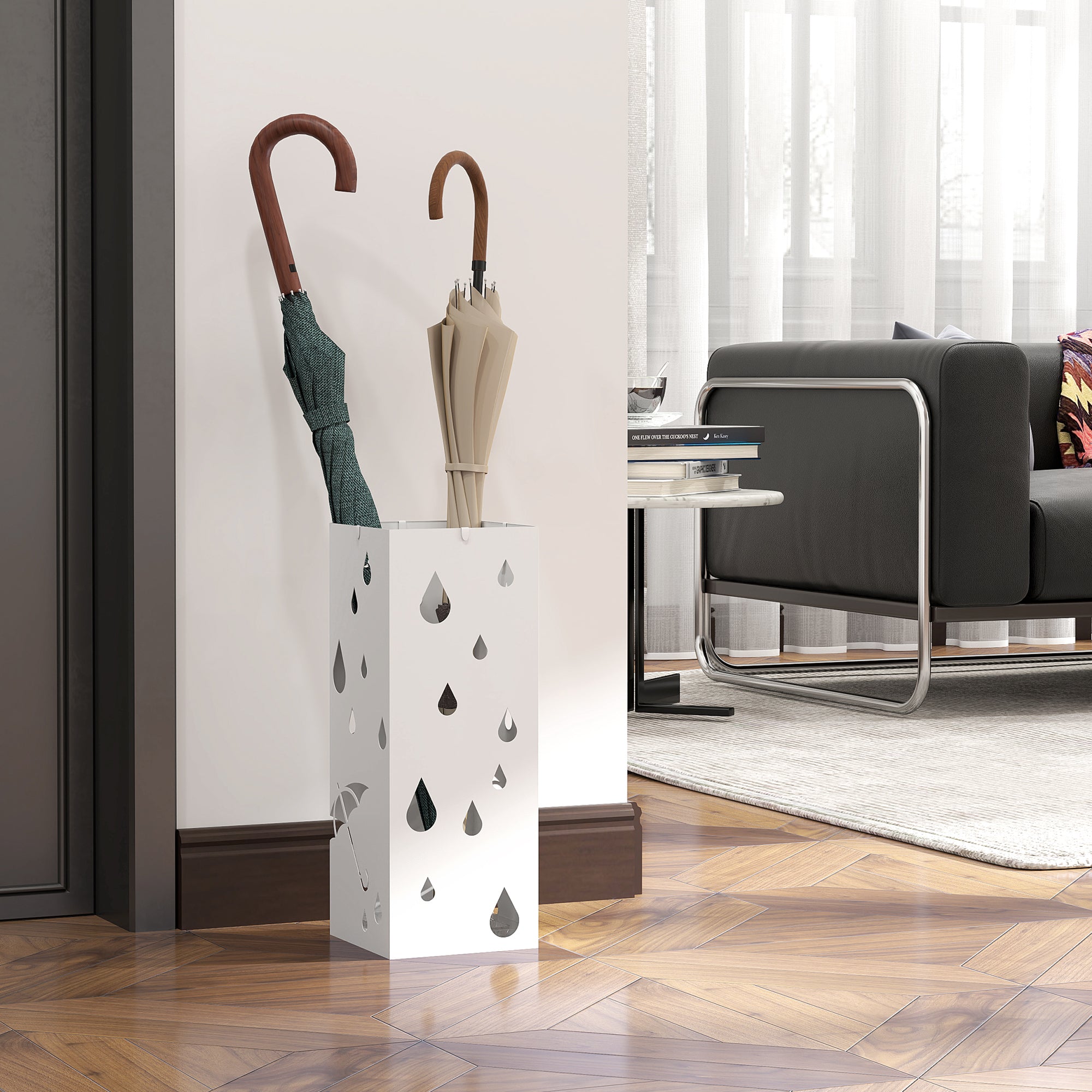 Umbrella Stand with 4 Hooks, Water Collection Tray Umbrella Holder for Hallway, Umbrellas & Walking Sticks Steel 15.5 x 15.5 x 40 cm White