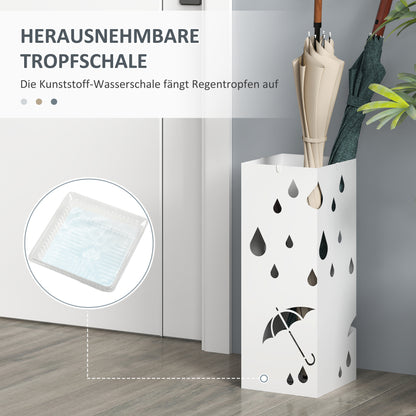 Umbrella Stand with 4 Hooks, Water Collection Tray Umbrella Holder for Hallway, Umbrellas & Walking Sticks Steel 15.5 x 15.5 x 40 cm White
