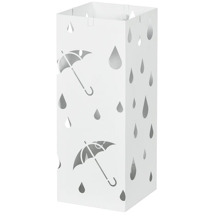 Umbrella Stand with 4 Hooks, Water Collection Tray Umbrella Holder for Hallway, Umbrellas & Walking Sticks Steel 15.5 x 15.5 x 40 cm White