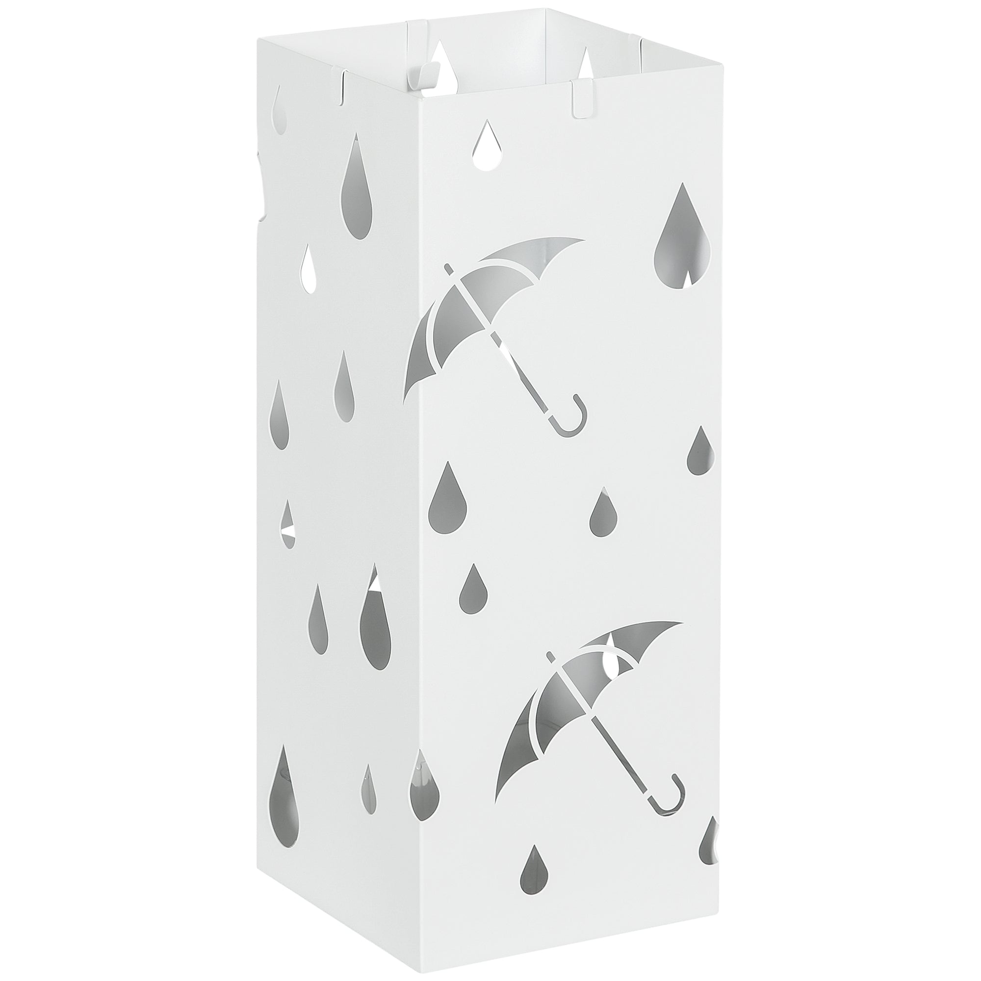 Umbrella Stand with 4 Hooks, Water Collection Tray Umbrella Holder for Hallway, Umbrellas & Walking Sticks Steel 15.5 x 15.5 x 40 cm White