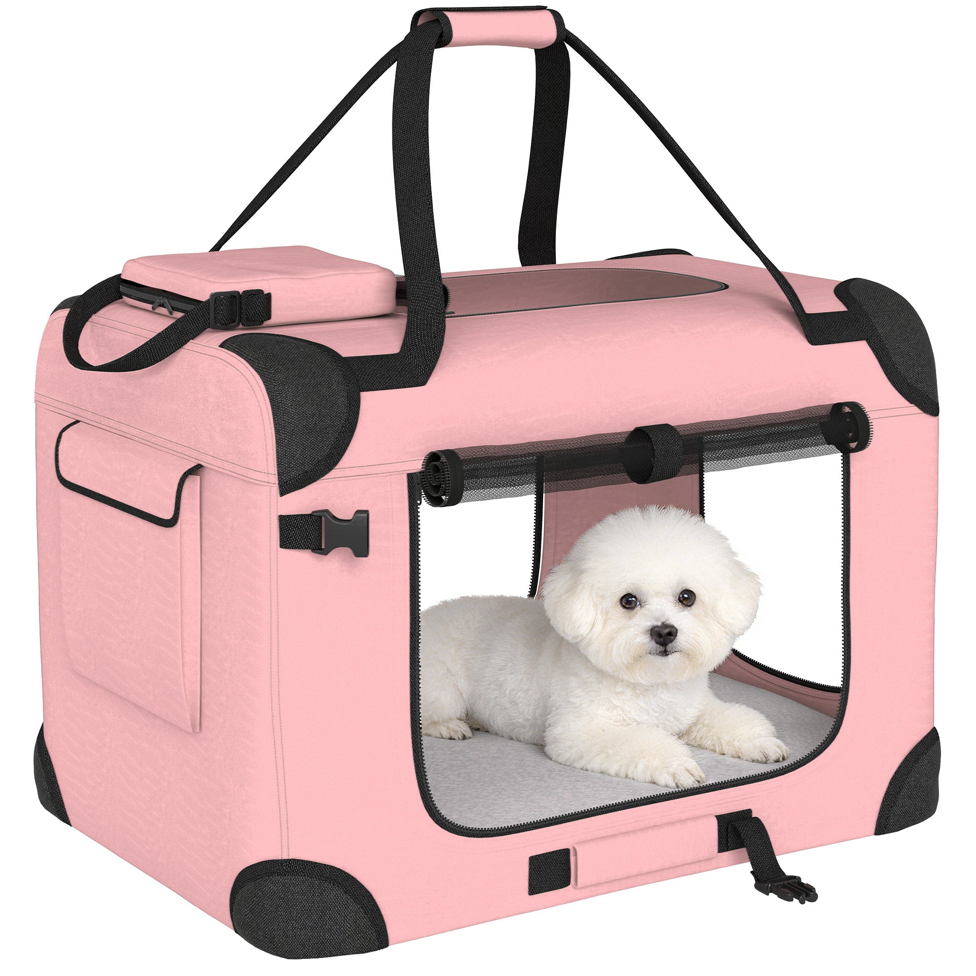 Foldable Pet Carrier, 60 x 41.5 x 41 cm (23.6 x 16.3 x 16.1 in), Mesh Windows, Soft Cushion, 2 Handles, Travel Bag for Mini Dogs & Cats, Pink