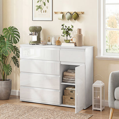 Sideboard with 5 Drawers, Adjustable Shelves, Soft-Close Door, High-Gloss White — 39.4 x 15.7 x 31.5 in