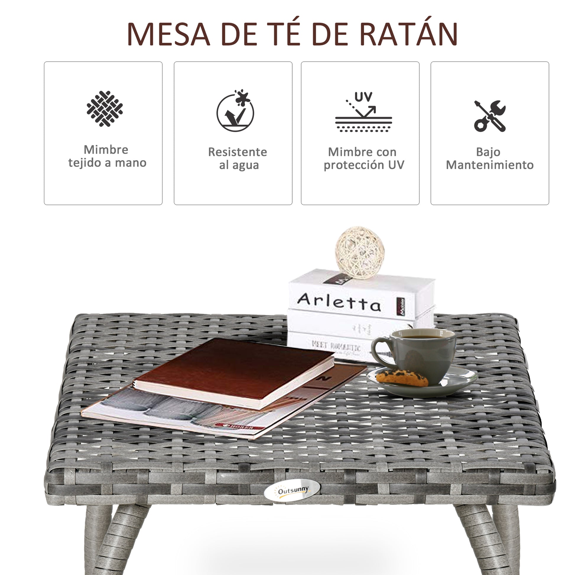 Rattan Garden Table Side Table with Metal Legs 30 kg Weight Capacity Outdoor Table for Patio Terrace Balcony 45x45x44 cm Gray