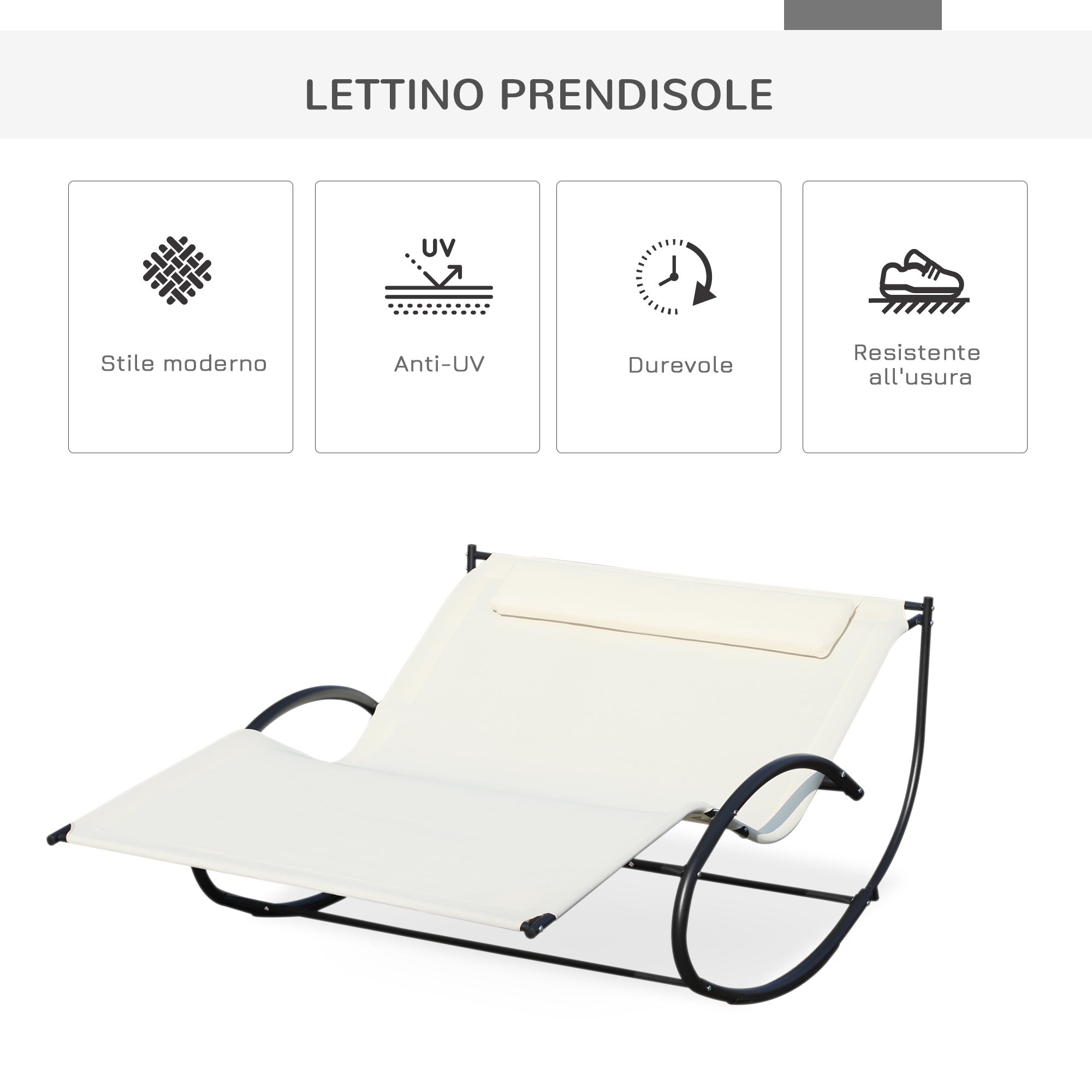 Double Sunbed, Garden Rocking Lounger in Metal and Texteline, 140x200x36-88cm, Cream White