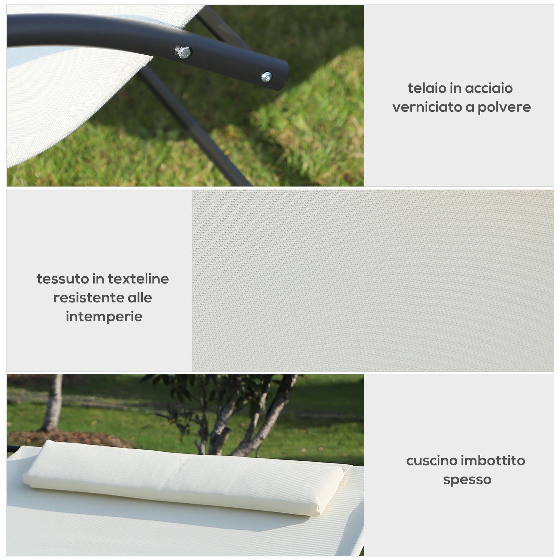 Double Sunbed, Garden Rocking Lounger in Metal and Texteline, 140x200x36-88cm, Cream White