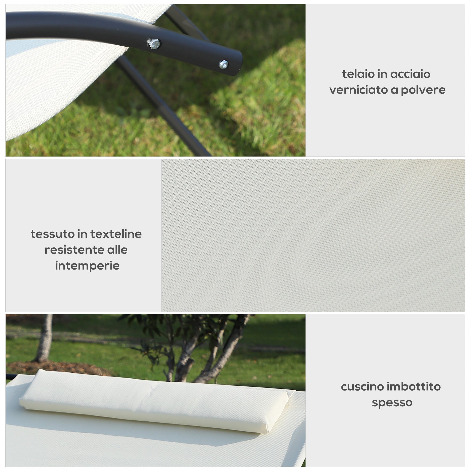 Double Sunbed, Garden Rocking Lounger in Metal and Texteline, 140x200x36-88cm, Cream White