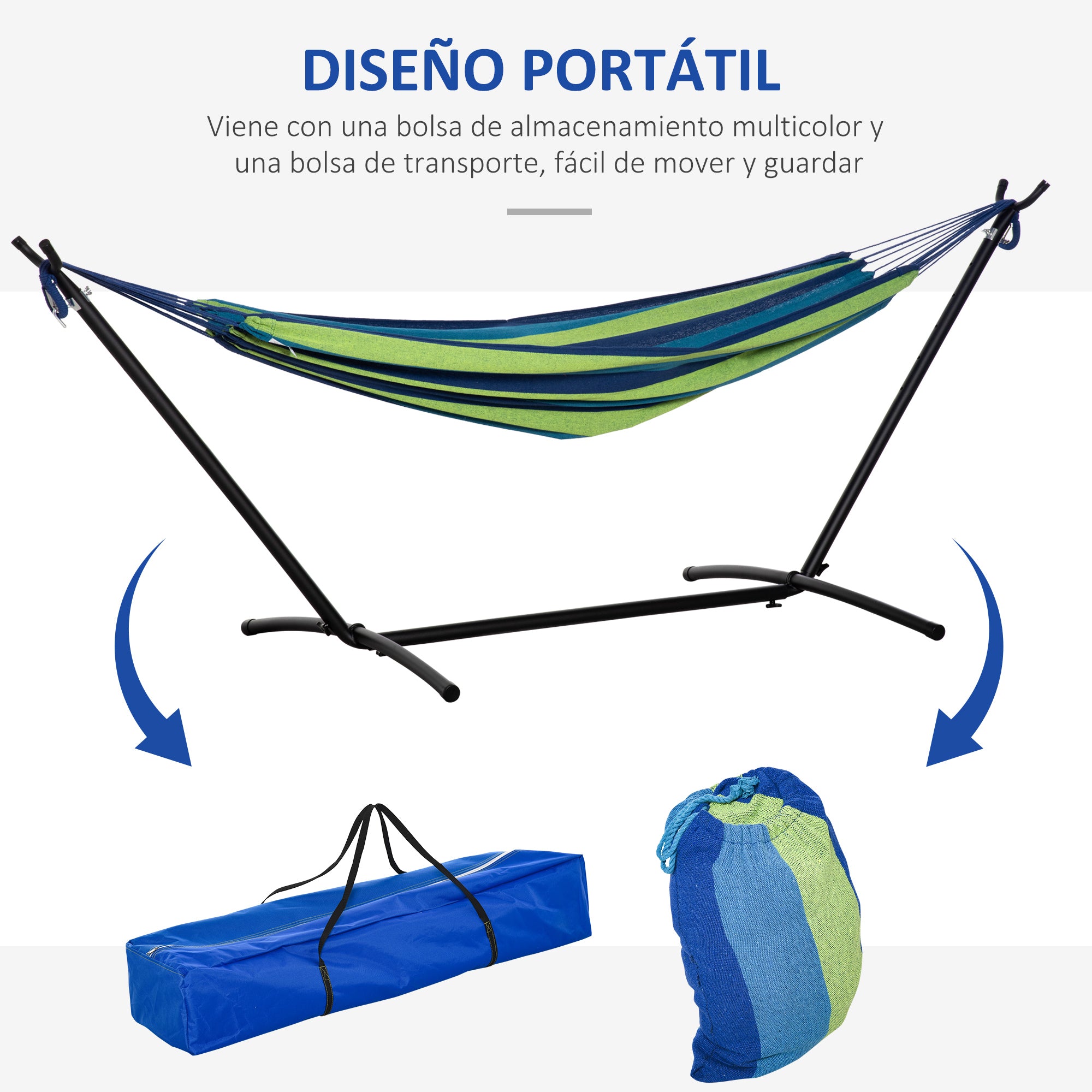Hammock with Stand 310x117 cm Portable Camping Hammock with Adjustable Height Carry Bag 264 lbs Load Capacity for Patio Terrace Striped Green and Blue
