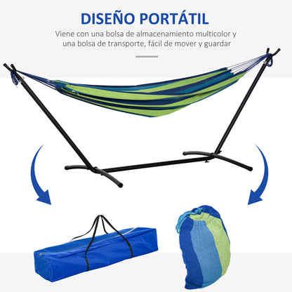 Hammock with Stand 310x117 cm Portable Camping Hammock with Adjustable Height Carry Bag 264 lbs Load Capacity for Patio Terrace Striped Green and Blue